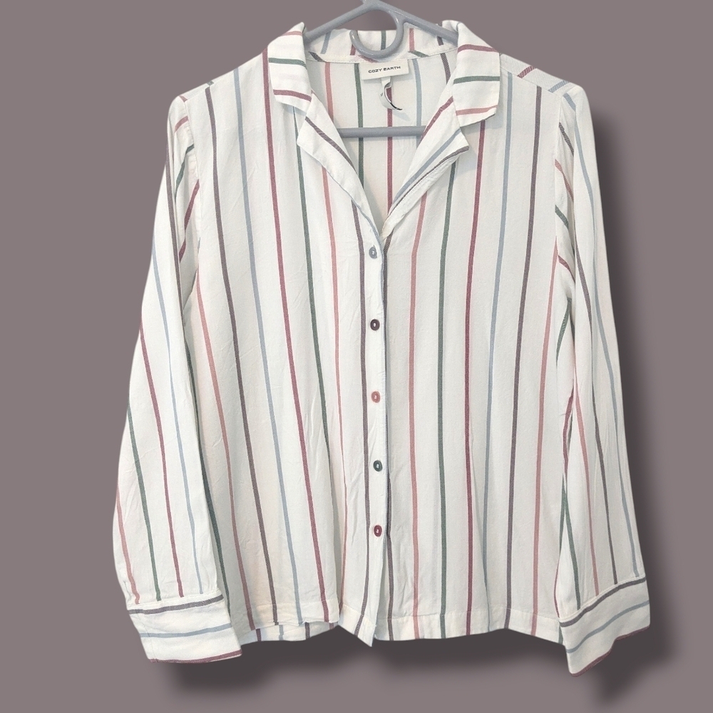 Cozy Earth White Cottage Stripe Button-Up Soft Woven Long Sleeve Pajama Top XS